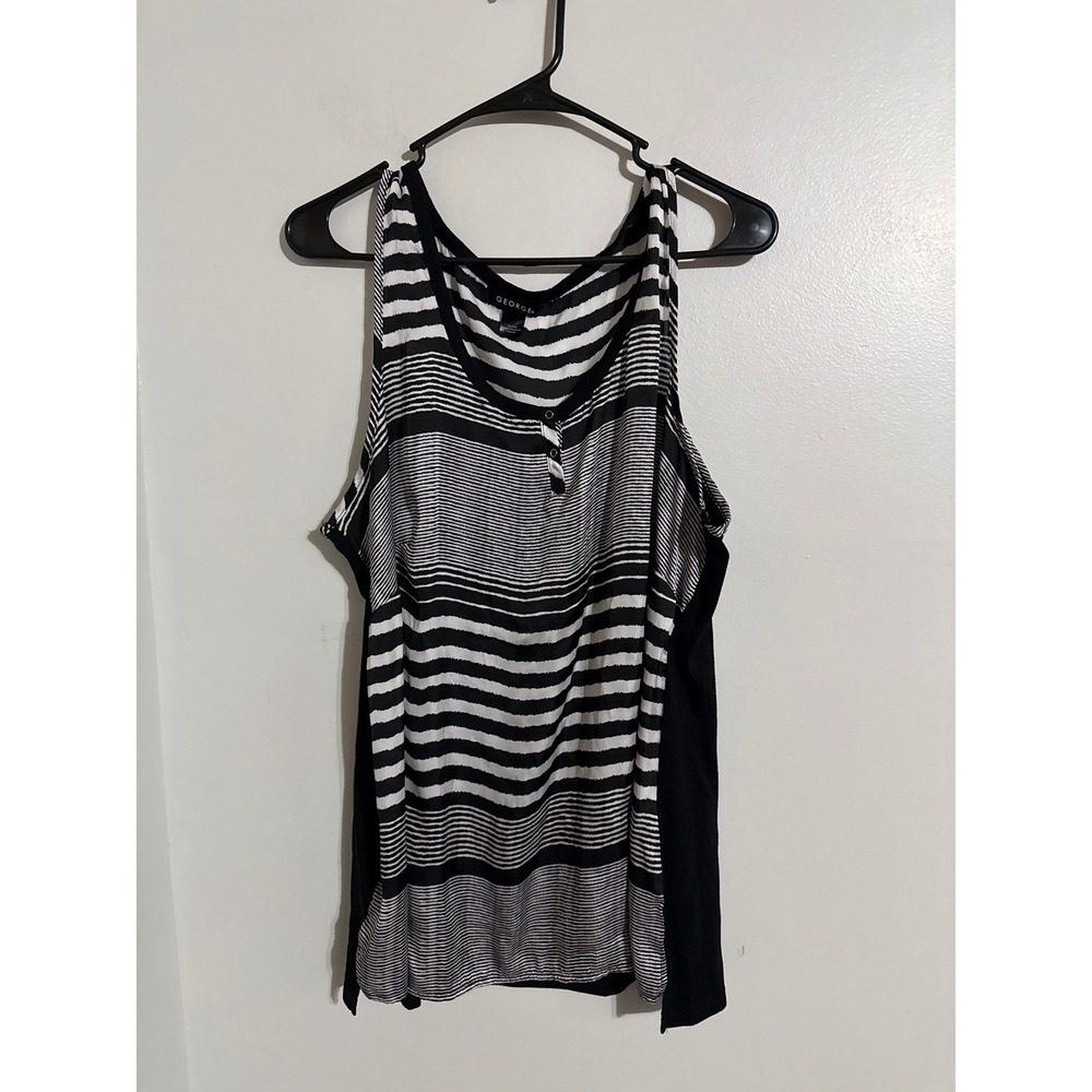 George Womens Black White Striped Henley Tank Top Mixed Media Plus 1X 16W